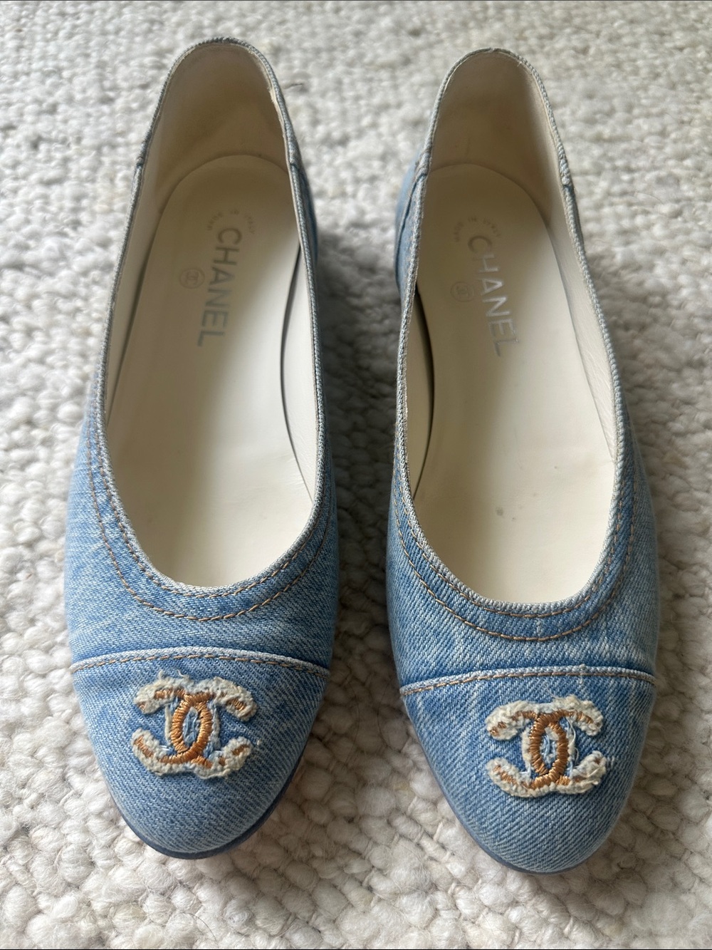 CHANEL Light Blue Denim Embroidered CC Ballet Flats